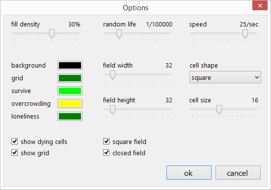 Conway's Game of Life Application Options