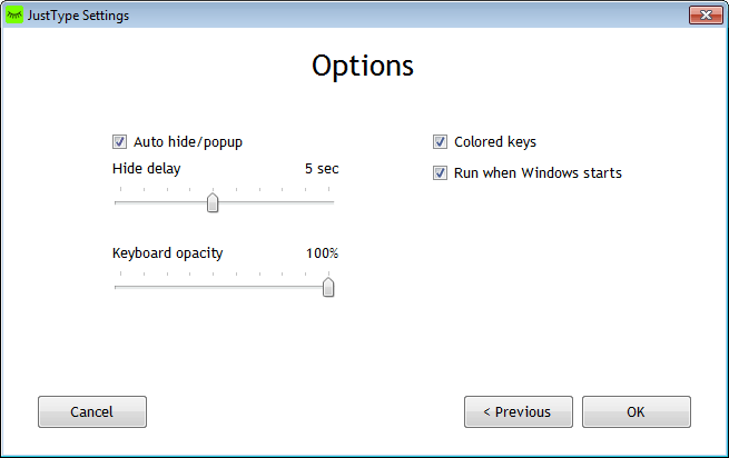JustType's Settings - Options